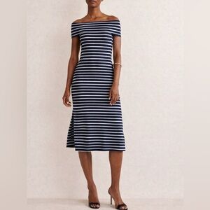 Boden Navy and White Striped Off-Shoulder Dress 16 Long